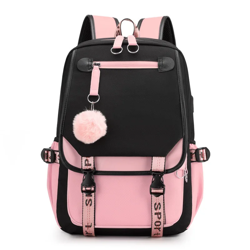 Large School Package Teenage Girls USB Port Canvas Schoolbag Student Book Bag Fashion Black Pink Teen School Backpack Dropshippi