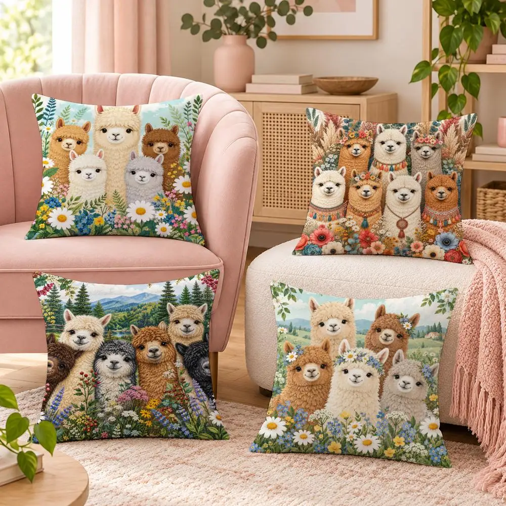 Cute Alpaca Pattern Cushion Cover Pillow Case Organic Short Plush Cushion Covers Washable Wrinkle-Resistant