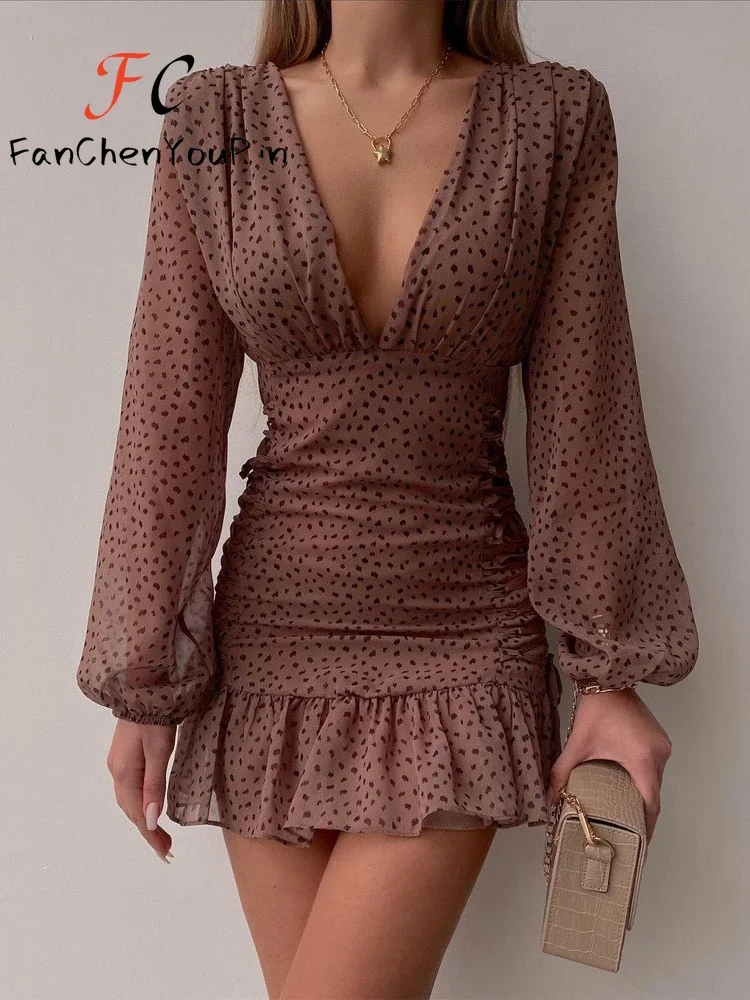 2024 Spring Summer New Women's Dress Fashionable Bubble Sleeves Sexy Mini Short Dress Elegant Deep V Neck Slim Fit Party Dresses