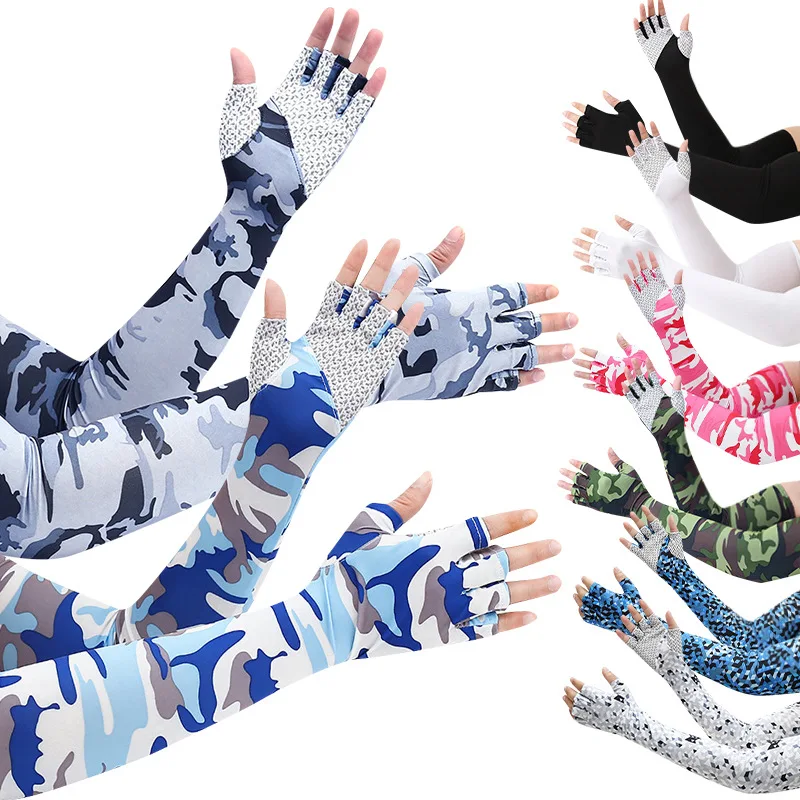Summer Outdoor Anti Slip Half Finger Cycling Gloves Ice Silk Breathable High Elastic Quick Dry Fishing Sun Protection Sleeves