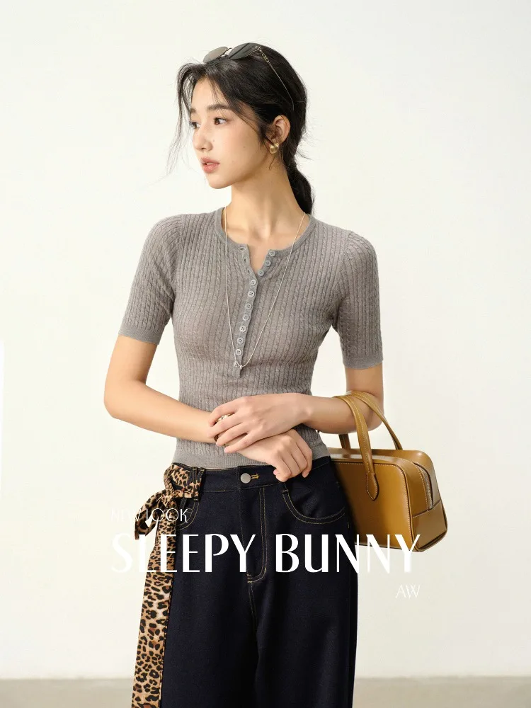 

Elegant Slim Chic Short Sleeve Knit Top Summer Half Button Ribbed Sweater Blouse Fitted Casual Fashion Outfit Women Daily Wear