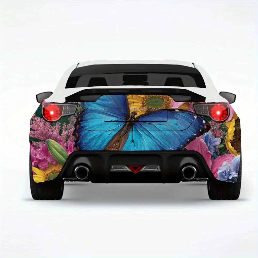 

Blue Butterfly & Colorful Flowers Car Sticker-Vinyl Decal for Car Rear, Waterproof Self-Adhesive Vinyl Stickers for Vehicle Tail