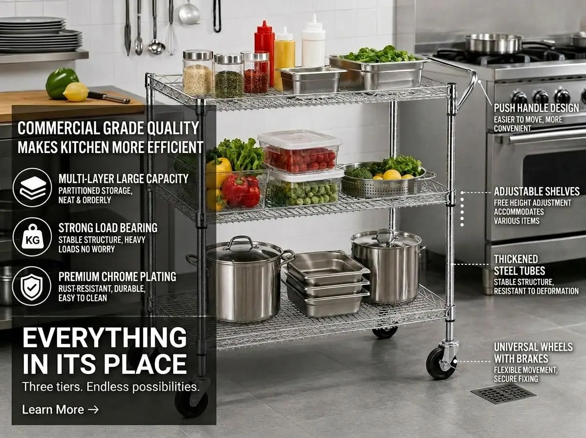 Heavy Duty Rolling Utility Kitchen Cart on Wheels, Chrome Serving Cart Commercial Grade with Wire Shelving and Handle Bar