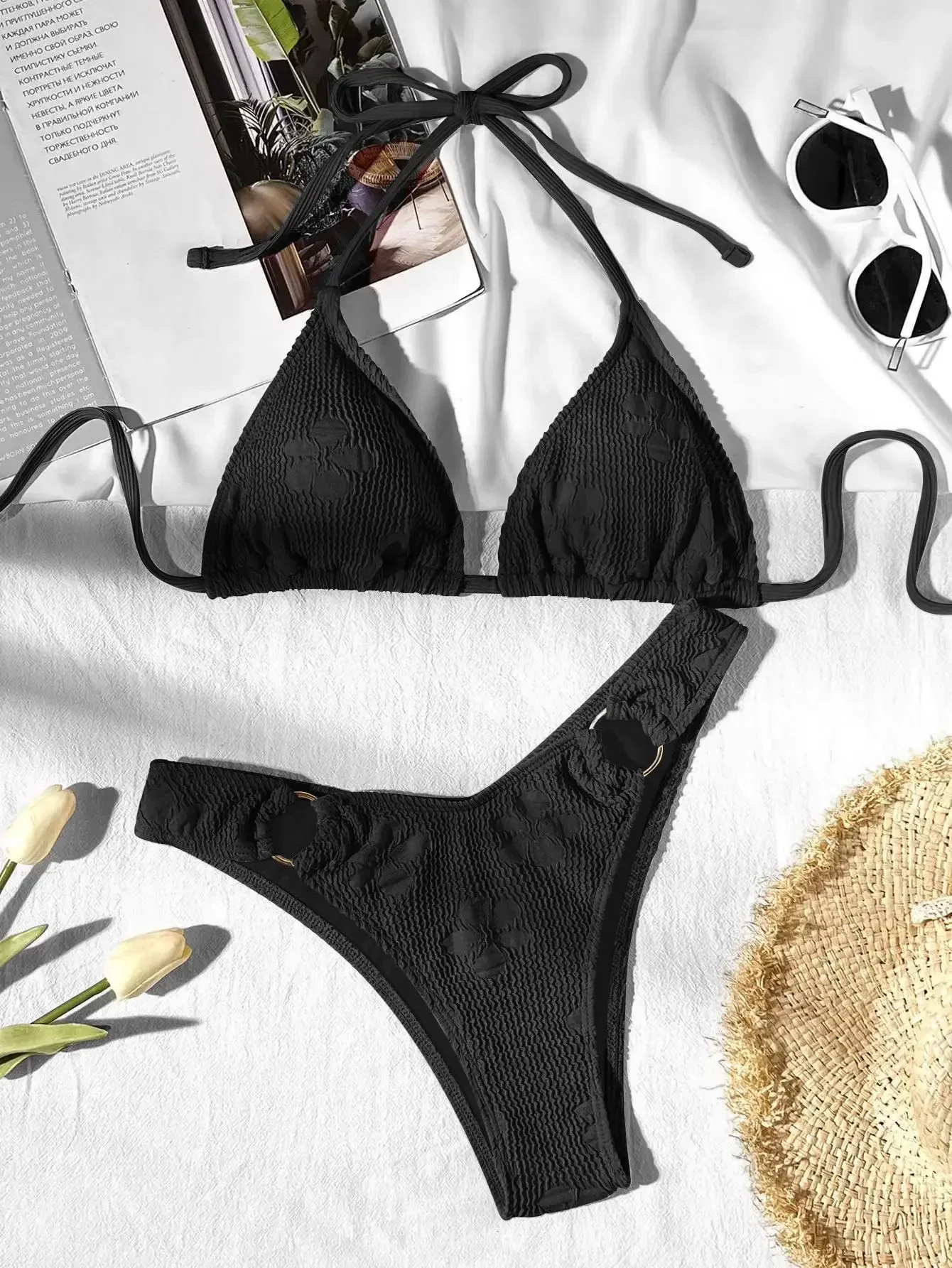 Traje de baño negro para mujer, Bikini Sexy de copa triangular de 2 piezas con cordones y espalda descubierta, traje de baño de cintura alta para playa, novedad de verano 2024