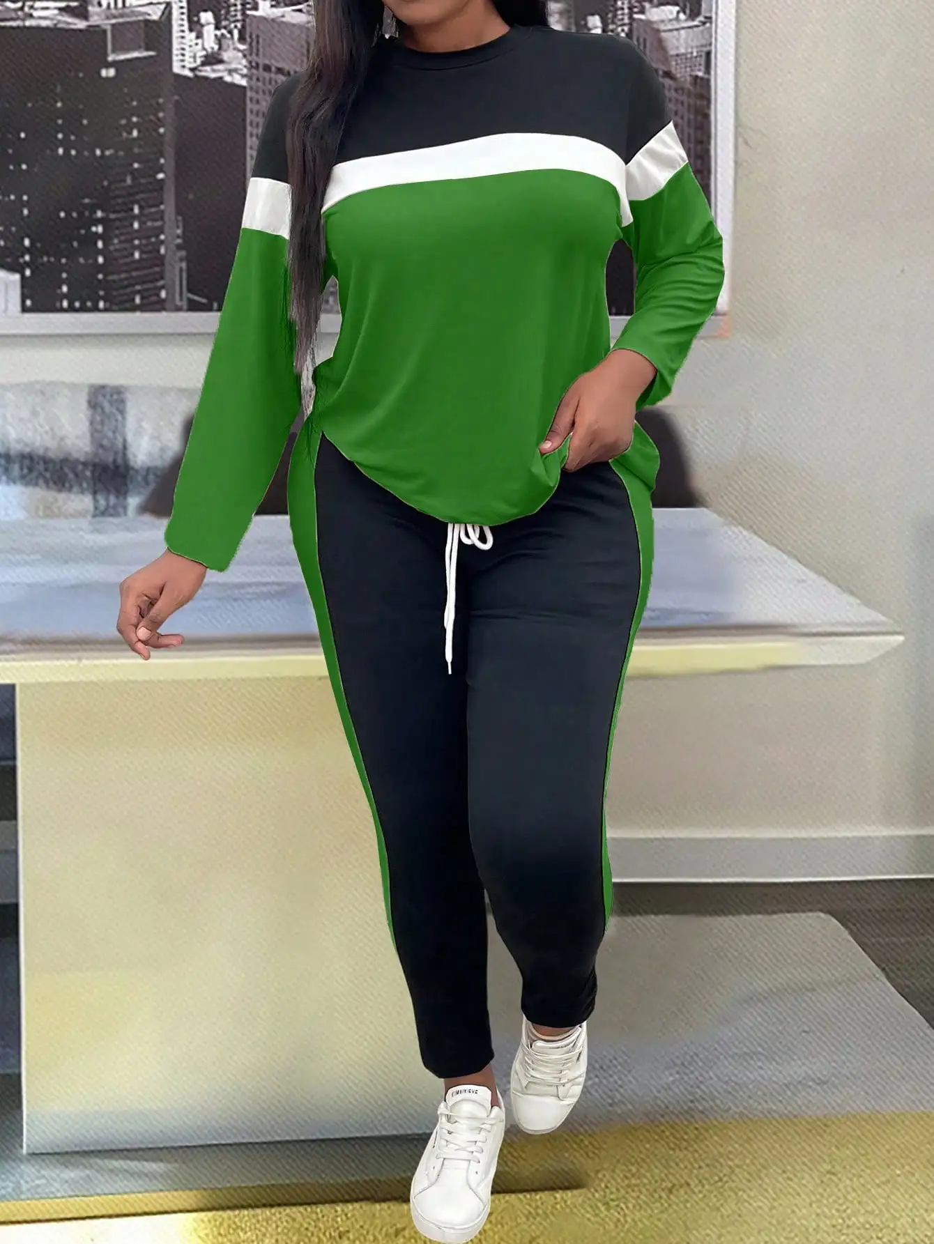 

Комплект из топа с длинными рукавами и брюк на талии больших размеров с цветными блоками для женщин, повседневный осенний наряд