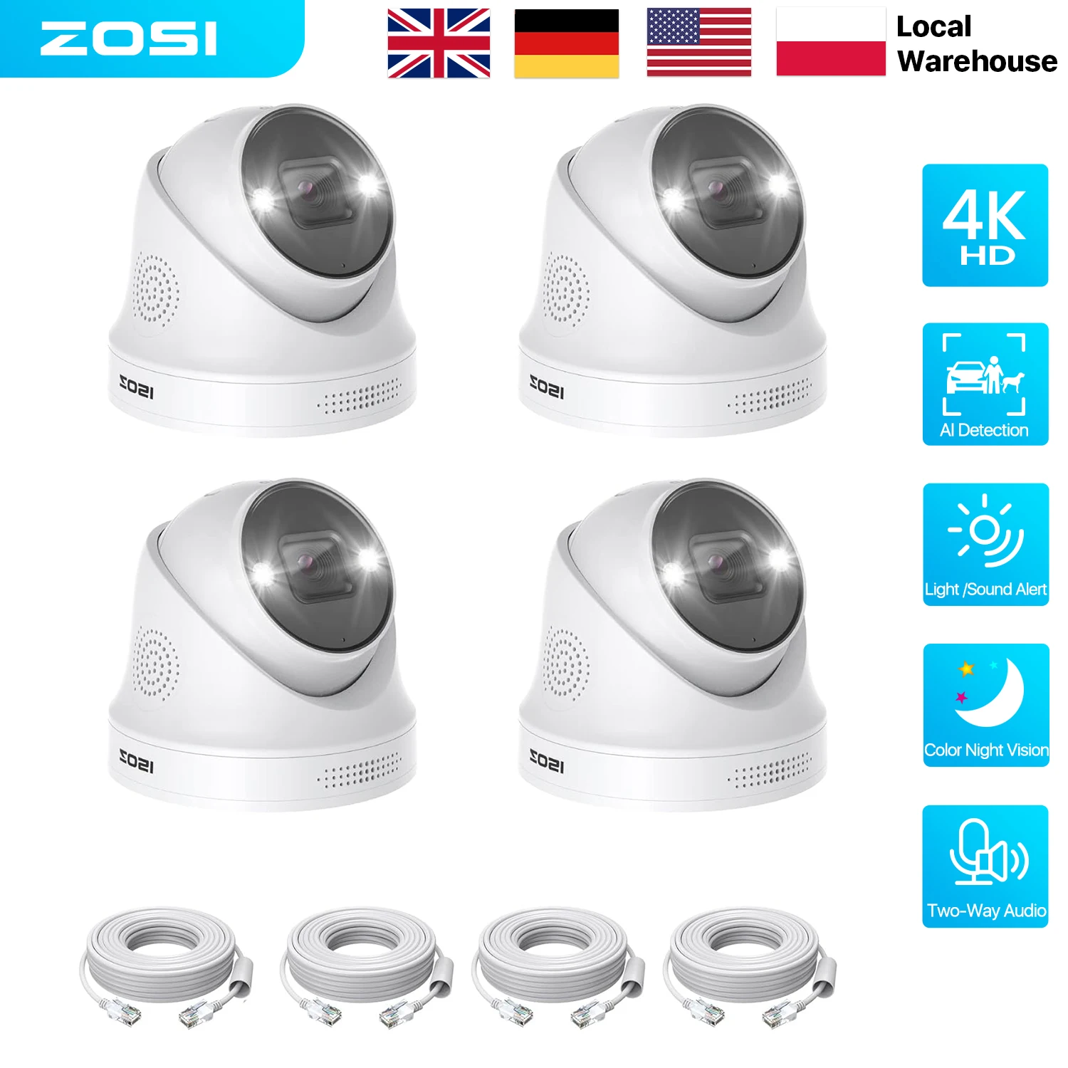 ZOSI 4K 8MP PoE Add-On Security Cameras with Ethernet Cables Outdoor Indoor Camera with Person Vehicle Detection Color Night Vision 2-Way Audio Only Compatible with ZOSI 4K PoE NVR Systems