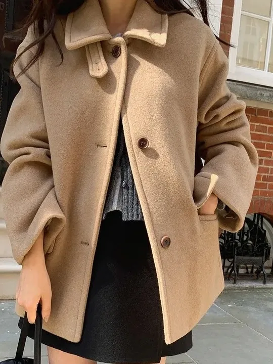 Zimowy płaszcz wełniany damski w stylu retro, brytyjski, z wysokim kołnierzem, zapinany na jeden guzik, uniwersalny płaszcz wełniany, luźny krój, idealny do dojazdów...