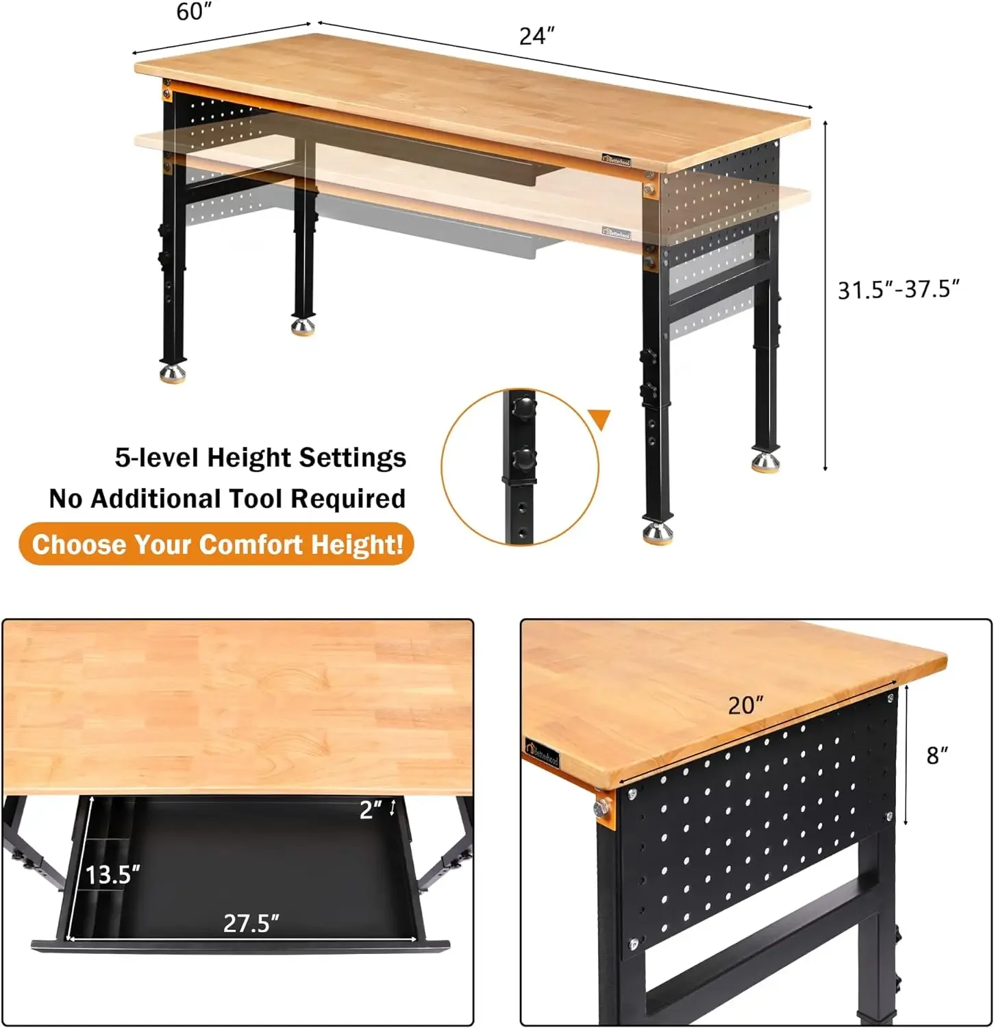 Heavy-Duty Adjustable Workbench for Garage, Rubber Wood Shop Table W/Double Pegboards & Drawer,Hardwood Workstation Weight