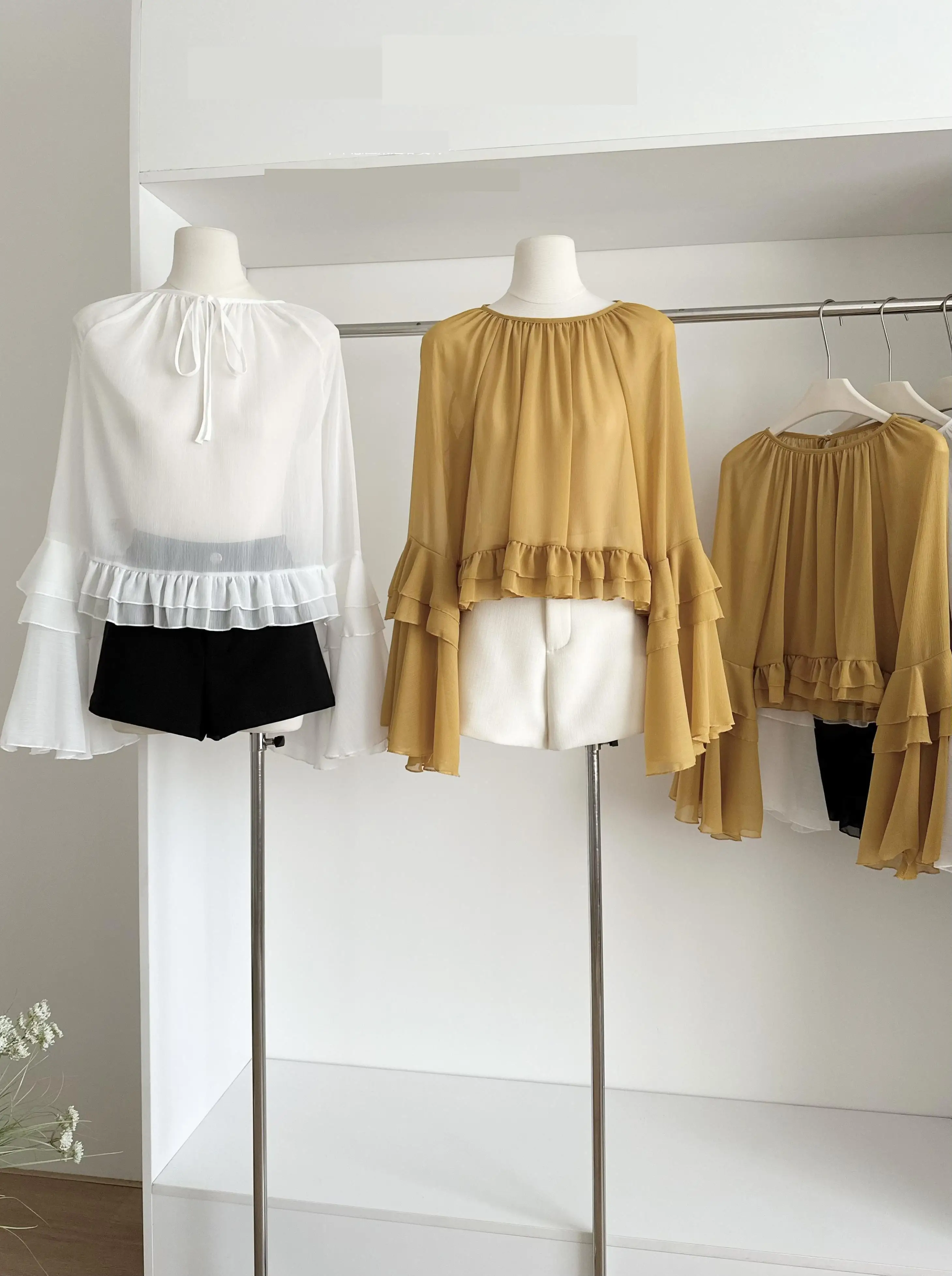 

Women's Summer O Neck Flare Sleeve See Through Loose Short Blouse Lady Sexy Solid Color Ruffles Chiffon Pullover Shirt Top