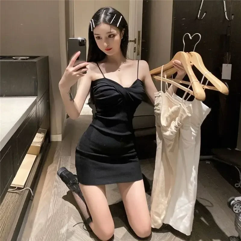 Summer Sexy Mini Dress Women Sleeveless Strap Streetwear Cotton Folds Bodycon Split Solid Dress Party Elegant A-LINE Dresses