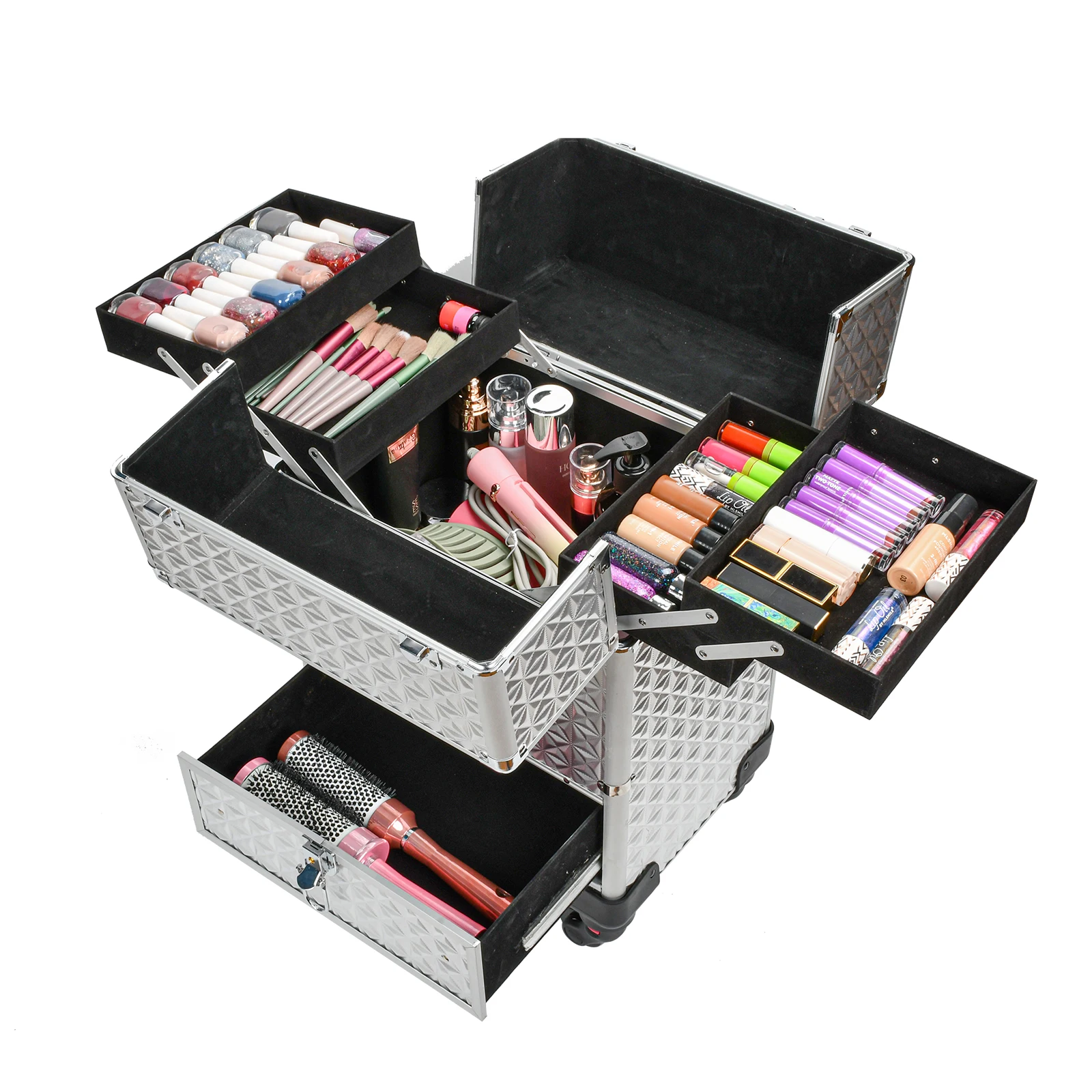 Large Capacity Aluminum Abs Cosmetic Kit Box Artist Storage Case Trolley Makeup Bag With Wheels for Professionals Full Set