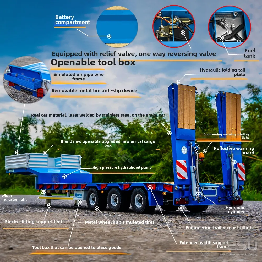 NEW LESU 1/14 Project Dragon Boat Hydraulic Lift Tail plate Half -trailer High negative heavy airbag hanging small wheel