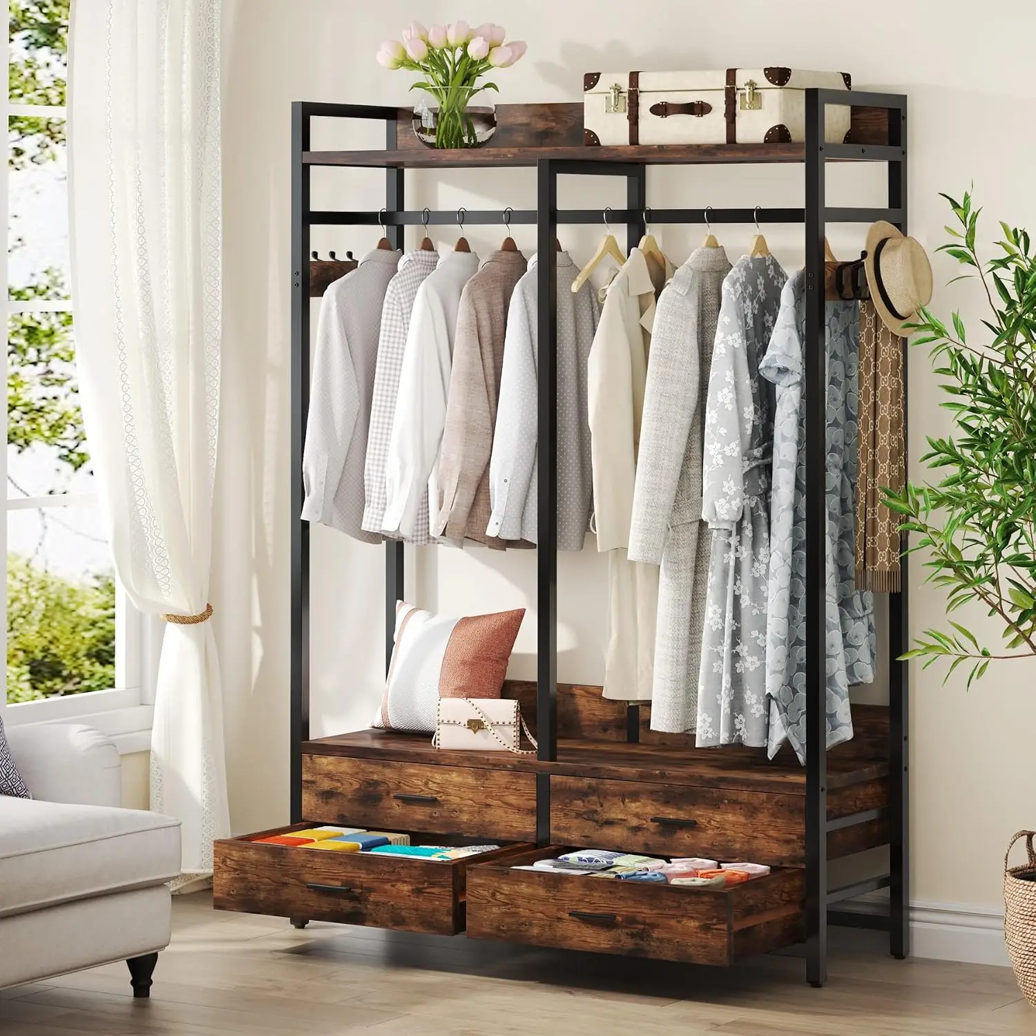 Freestanding Closet Organizer, Heavy Duty Garment Clothing Rack With Four Drawers, Open Wardrobe Storage Unit With Shelves And Hooks For Bedroom Dressing Room, Rustic Industrial Style, Rustic Brown