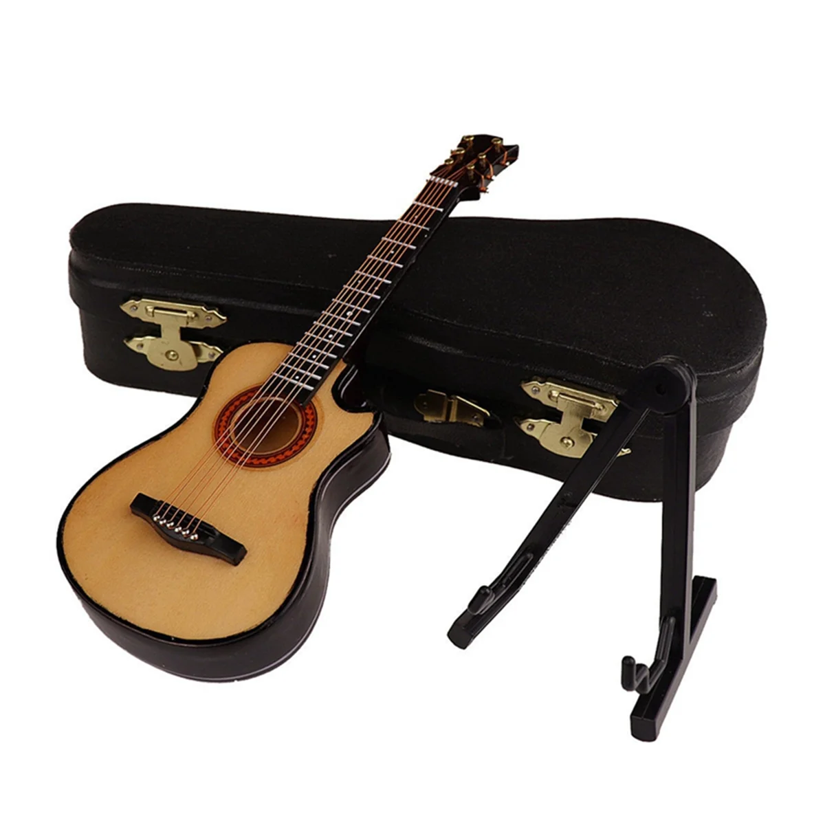 B-Wooden Miniature Guitar with Stand and Case Mini Musical Instrument Miniature Doll House Model Home Decoration