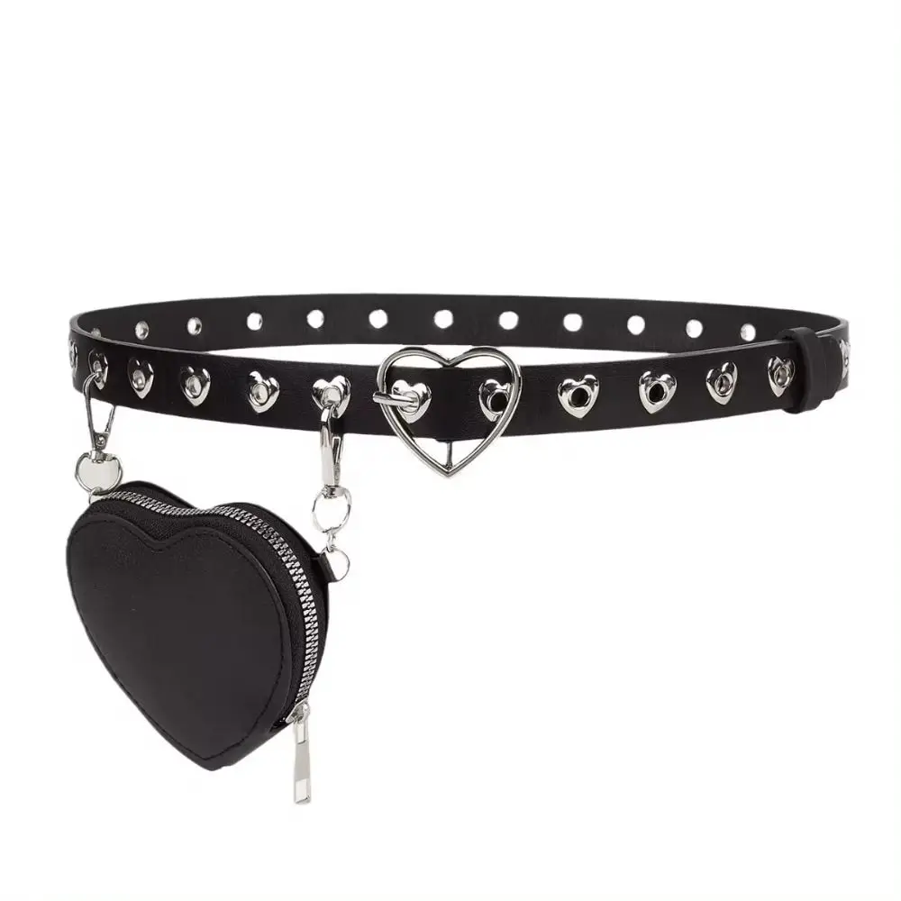 Punk Heart Metal Buckle PU Leather Waist Bag Adjustable Y2K Love Heart Fanny Packs Gothic Detachable Bag Belt with Bag Girl