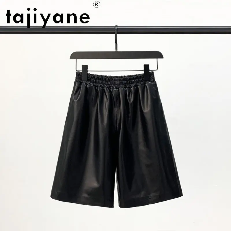 TAJIYANE Real Leather Shorts Women's Shorts Elastic Waist Harem Pants Black Shorts for Woman Wide-leg Short Middle Pants Шорты