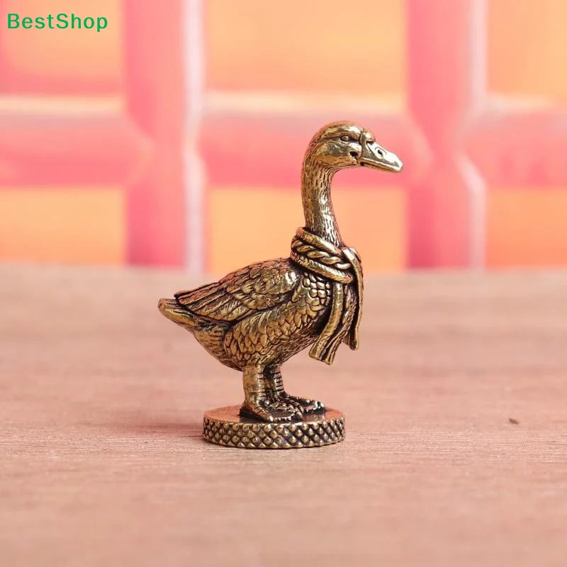Ancient Brass Small Tea Pet Ornaments Scarf Goose Figurines Lucky Copper Home Decoration For Study Desk Living Room