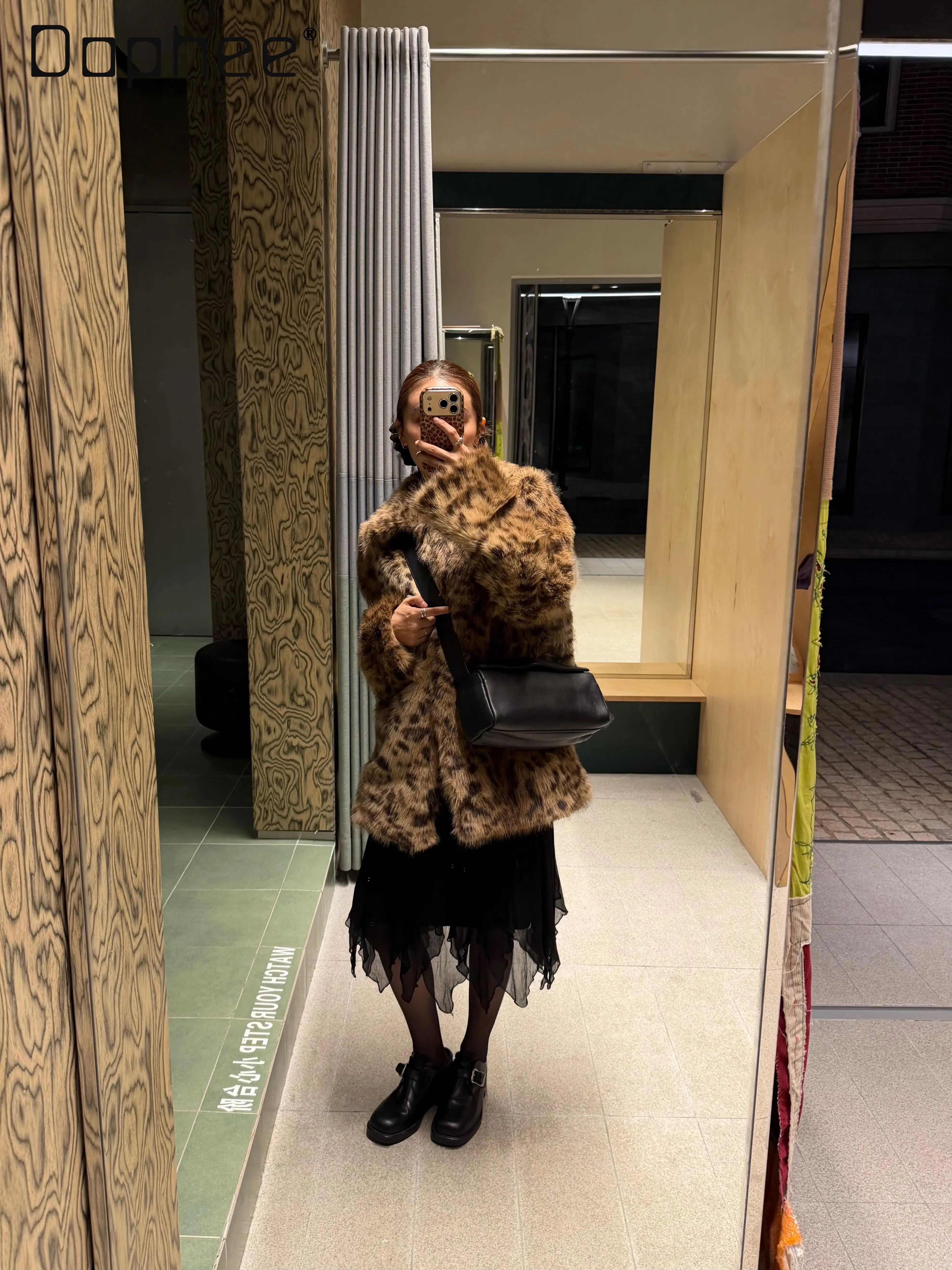 Abrigo de piel ecológico con estampado de leopardo para mujer, abrigo de longitud media coreano Chic a la moda con cuello vuelto, abrigo de piel cálido y grueso holgado y delgado