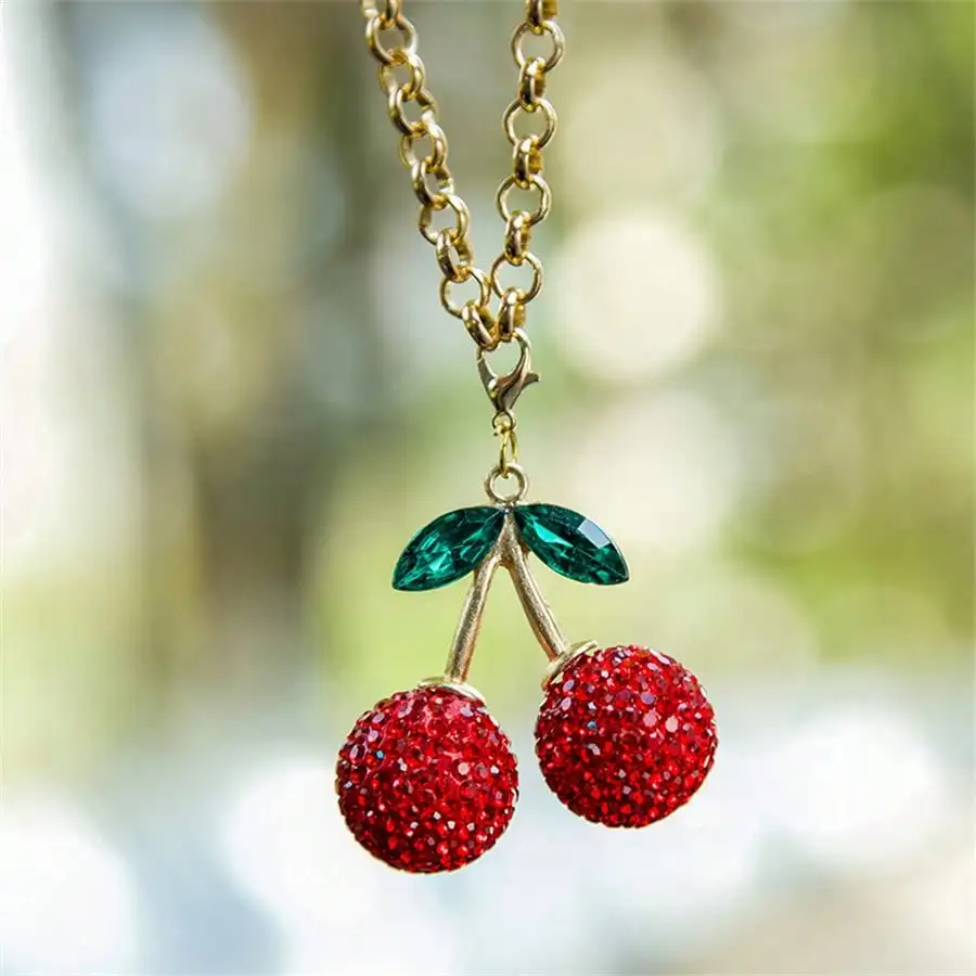 

Bling Crystal 3D Cherry Pendant for Car Rearview Mirror, Cute Interior Decor Gift for Women