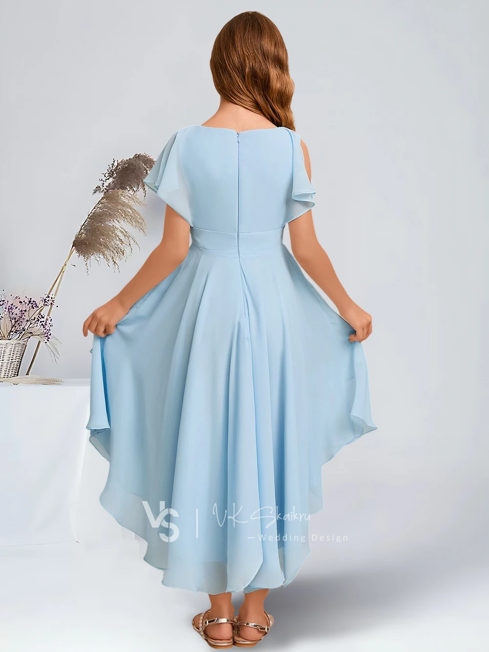 Elegant A-Line V-Neck Asymmetrical Chiffon Junior Bridesmaid Dresses Sky Blue Beautiful Flower Girl Dresses Party Wedding Kids