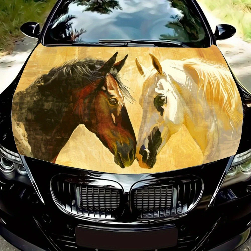 

Black & White Horse Car Hood Decal,Self-Adhesive PVC Hood Sticker Decor Scratch Resistant Sticker Protect,Auto Accessories Gift