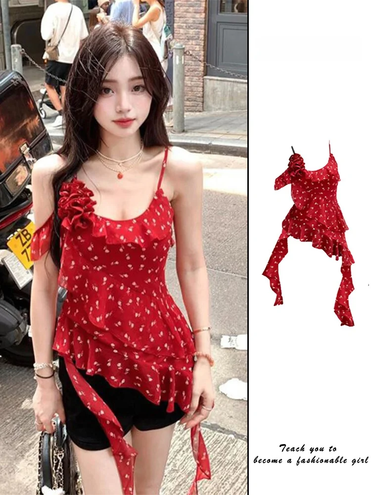 Verão praia sle vermelho floral impressão ter ne colete irregular renda guarnição saes feminino faion commute fino ajuste comprimento regular