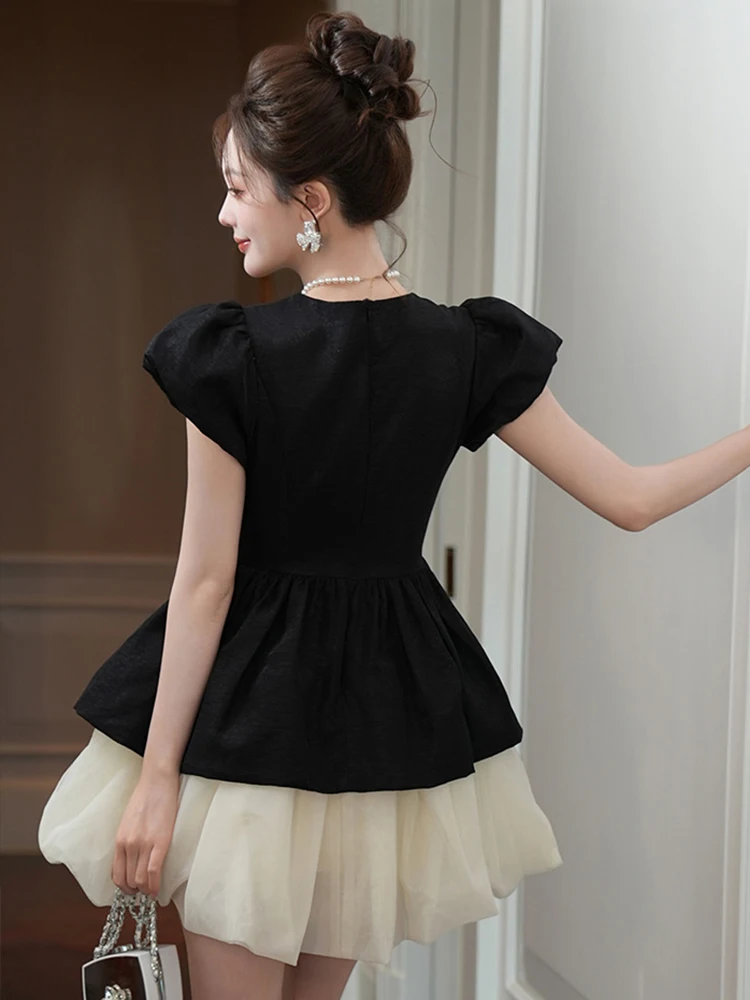 น่ารัก Kawaii สีดําชุดวันเกิดผู้หญิงสไตล์ฝรั่งเศสชุดเค้กผู้หญิง SHEER ตาข่าย Splice ชุดเจ้าหญิง Lady PROM Vestidos