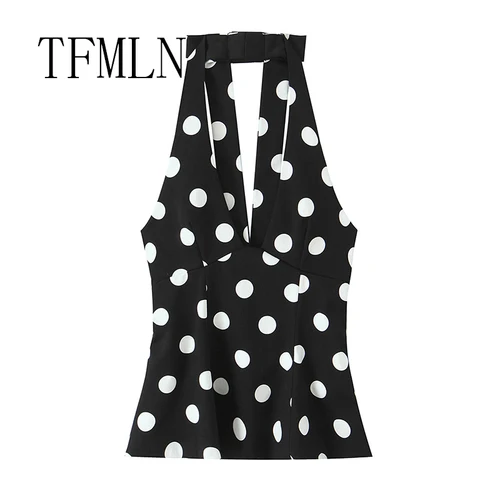 Imagen 1 del producto TFMLN, nuevo vestido Halter con lazo para mujer, moda femenina, vestido sin mangas de lunares grandes a la moda, Mini vestido Sexy de calle alta