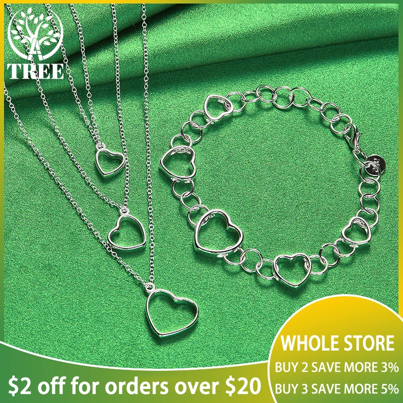 

ALITREE 2pcs 925 Sterling Silver Jewelry Set For Women Fashion Heart Pendant Chain Necklace Bracelet Lady Birthday Wedding Gift