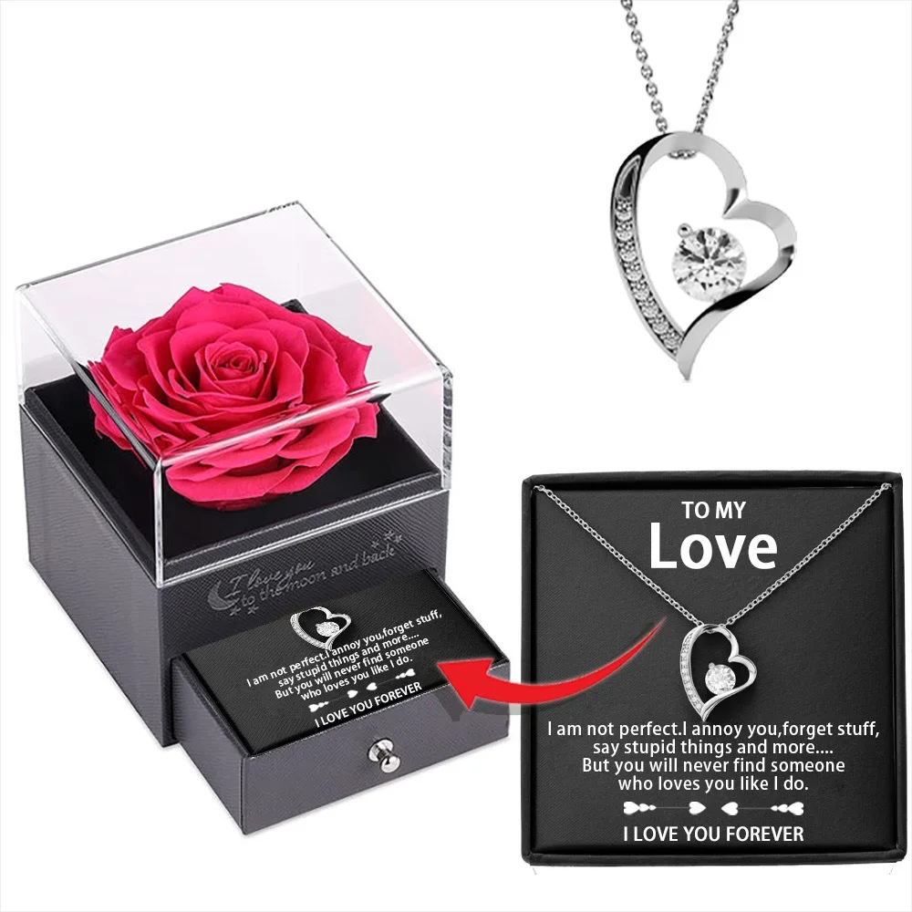 

Cryatal Love Heart Pendant Necklace for Women Eternity Flower Simulation Flower Gift Box for Valentine's Day 2025