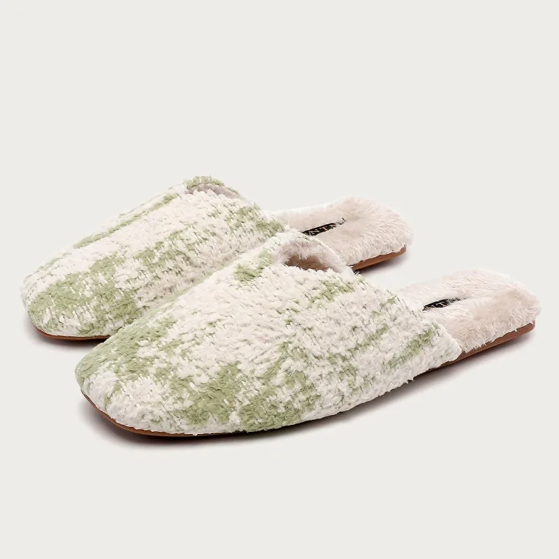 

Winter Retro Suede Warm Fluffy Slippers for Women Comfortable Soft Non-slip House Slippers Fashion Square Toe Designer Shoes