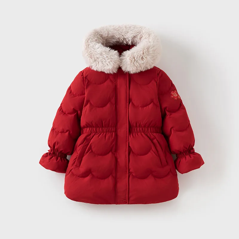 Dave Bella Children's Down Jacket Mid-Length Girls 90% White Duck Down Warm Coat Kids Hooded Red Down Coat DK4242931