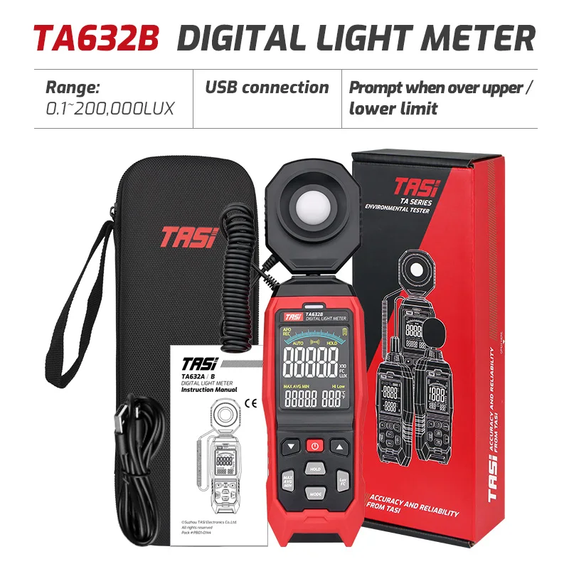 TASI TA632A TA632B  CE RoHs Handheld USB Light Meter With Flexible Probe 200000 Lux Digital Lux Meter