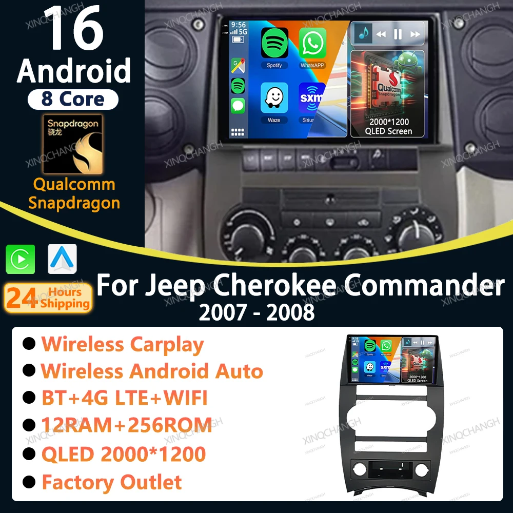 Radio para Auto Android 16 con Carplay para Jeep Cherokee Commander XK 2007 2008, Kit de Panel de Montaje para Tablero, Reproductor de Video Estéreo 2 DIN