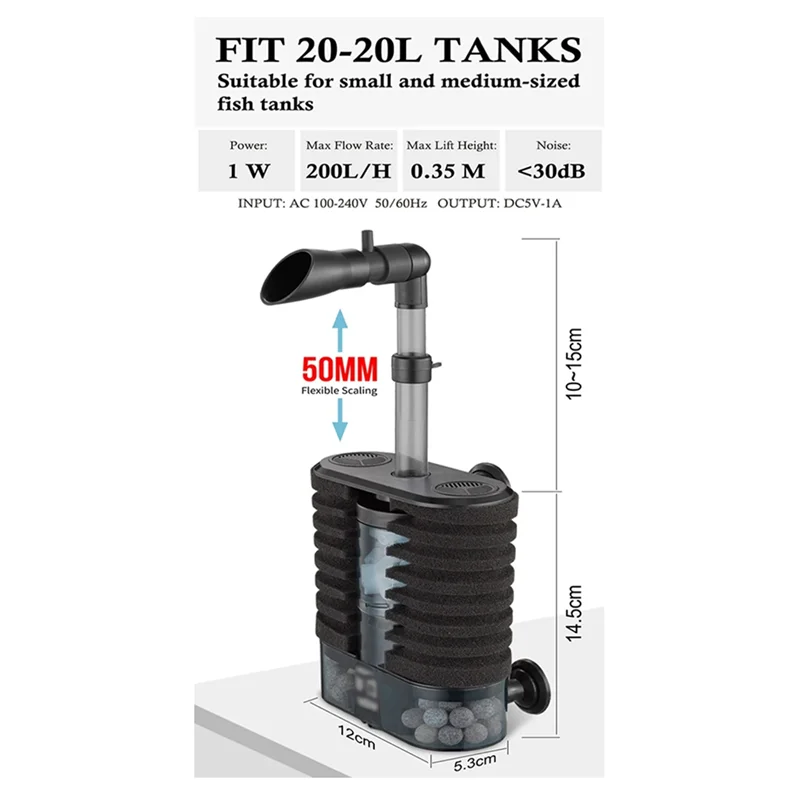 ABJO-Essential Air Lifting Internal Filter For Freshwater Aquariums, Suitable For Small And Medium Fish Tanks