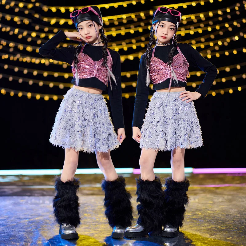 Kids Sequin Jazz Costume Girls Kpop Dance Clothing Cheerlead Dance Crop Tops Skirt Catwalk Concert Stage Performance Wear L14534