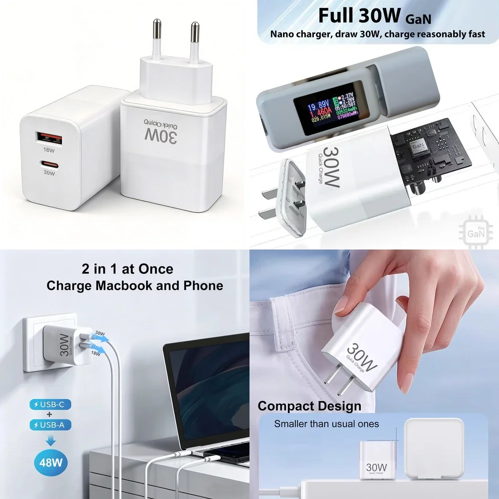 Mini 30W Fast Charging Adapter Home Charger Dual Port US EU Plug for iPhone 17 16 15 Pro Max Samsung S26 S25 S24 Plus iPad Air