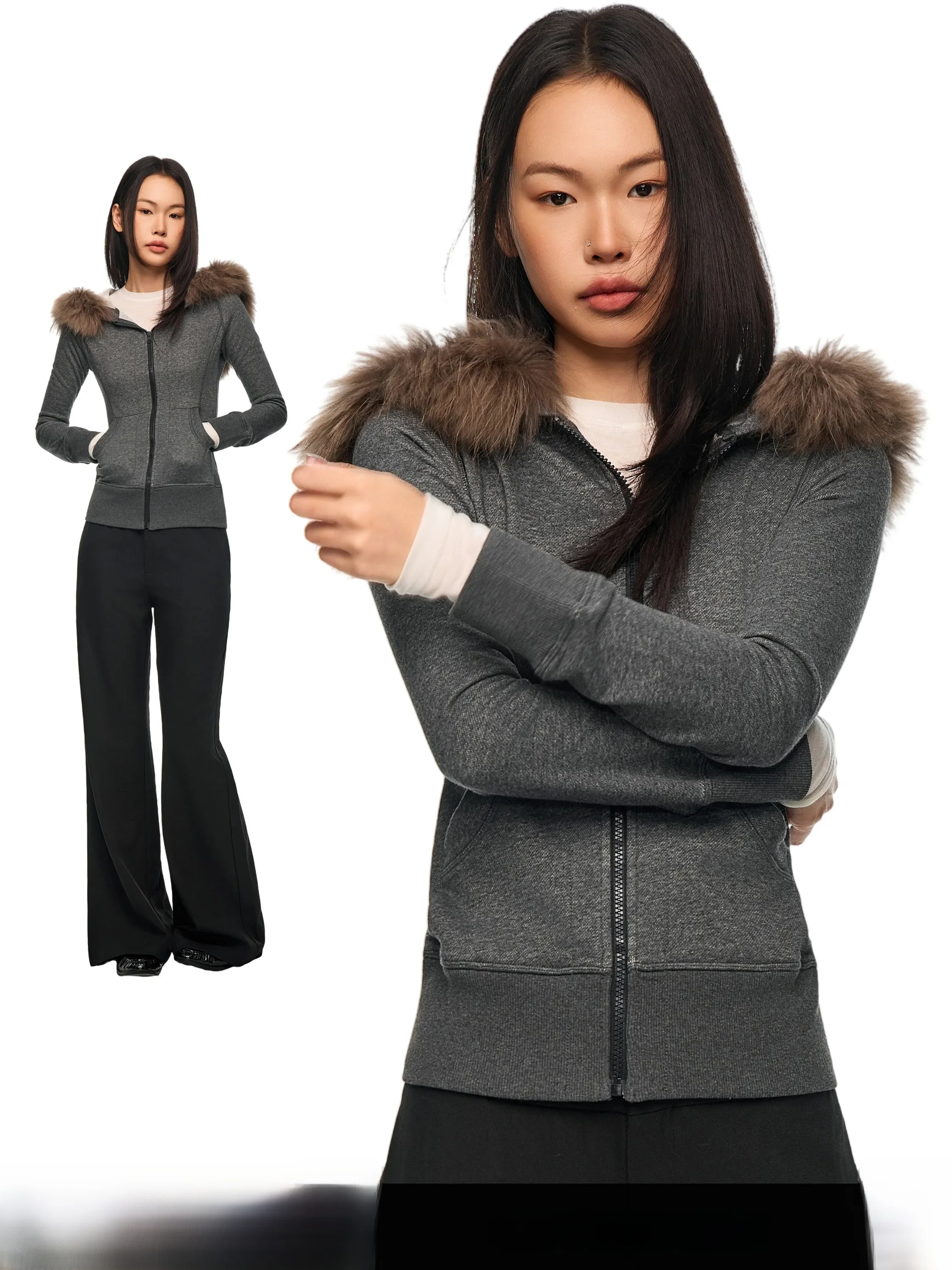 Gogo Burn American Deep Grey Fur Collar Zipper Hoodie Women's Autumn New Waist Cinched Long Sleeve Top Short Outerwear