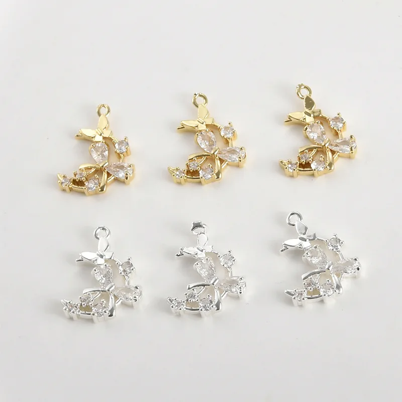 14K Copper Plated Gold Thick Silver Moon Butterfly Inlaid Zircon Pendant DIY Handmade Bracelet Necklace Earrings Accessories