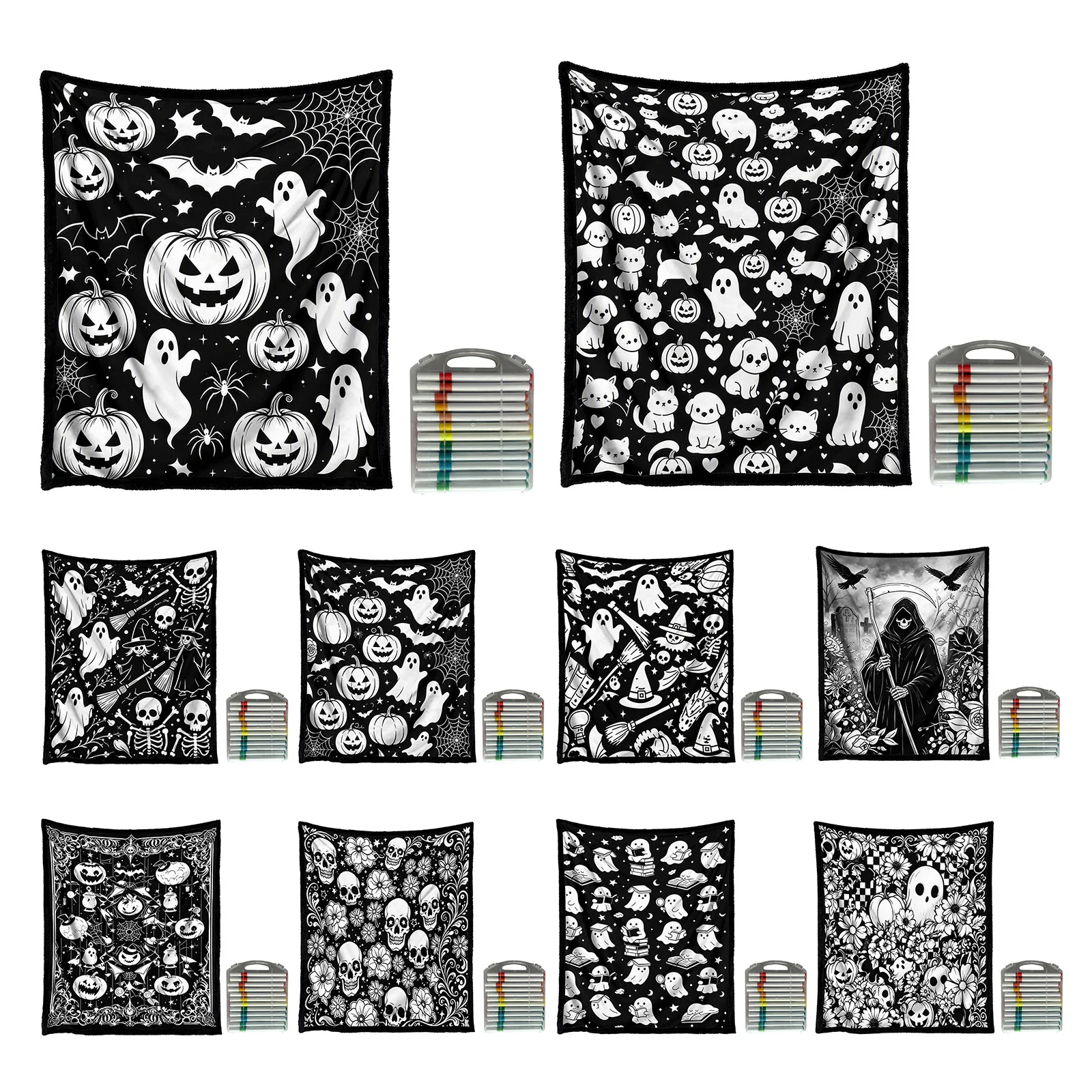 Halloween DIY Coloring Blanket with 24Pcs Colored Pens Creative Art Fabric Blanket 50x60 Inch Arts & Crafts Gift for Kids Adults