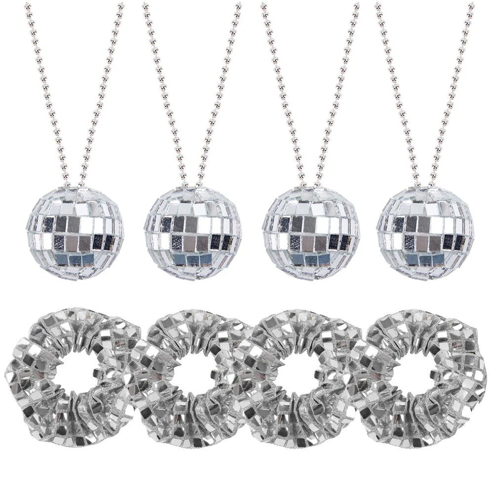 4/8pcs Mirror Silver Disco Ball Necklaces Sequin Hair Scrunchies Accessories 70s Disco Dance Birthday Bachelorette Party Prop