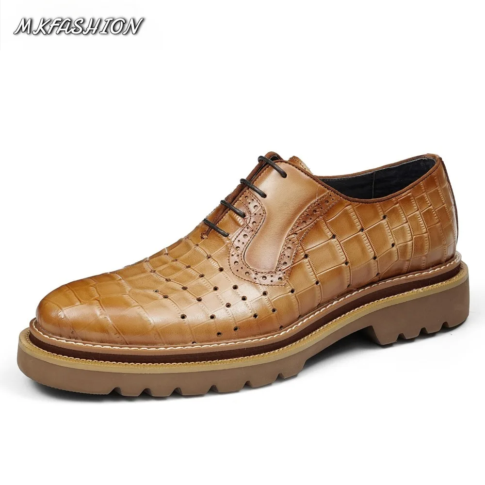 Fashion Men Business Dress Oxford Shoes Crocodile Pattern Embossed Thick Soled Lace Up Flats Footwear