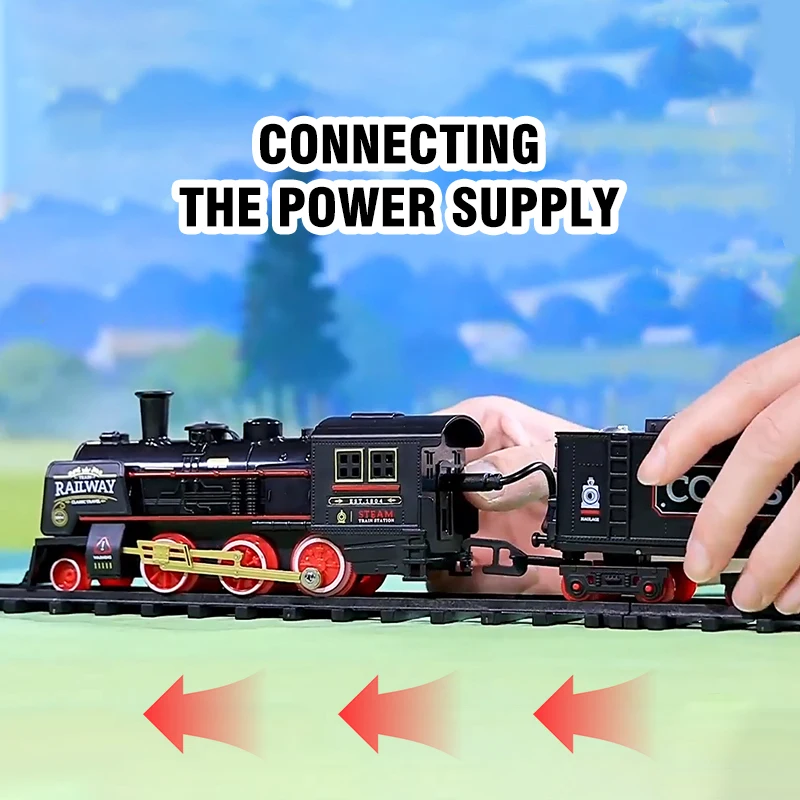 Tren de vapor Retro de simulación con luces, música, ferrocarril de alta velocidad, estacionamiento, pista eléctrica para niño, coche, juguetes para niños, modelo de montaje DIY