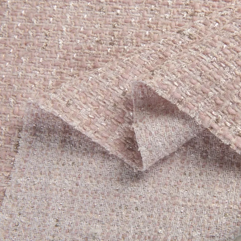Beige Color and Gold Wire Yarn-dyed Tweed Fabric For Autumn Coat Dress Jacket Handbag DIY Cloth Sewing Material - view 4