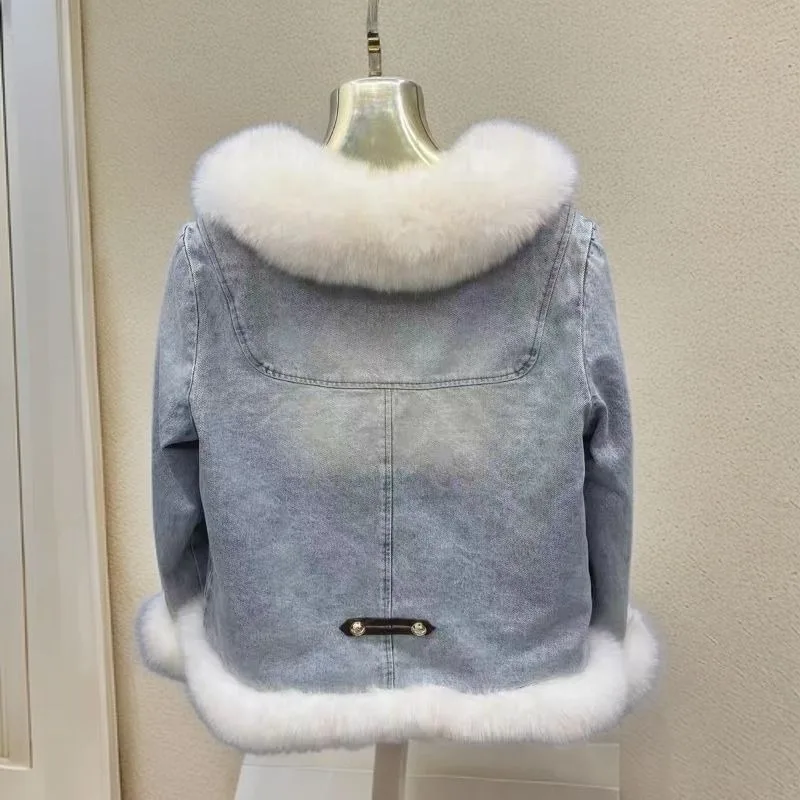 Fashion Denim Down Jacket Real Fox Hair Placket Hem Cute Sweet Wind Fox Hair Denim Jacket Sweetheart Exquisite Simple Fashion
