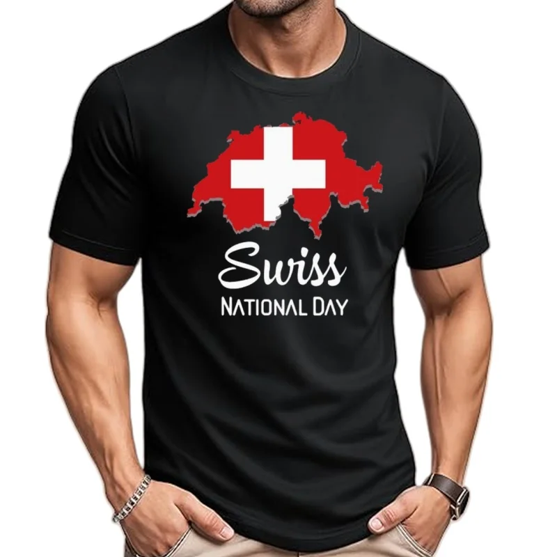 Unisex Men Switzerland Suiss National Day Map Tshirt Tees O-neck T Shirts Women Boys 100% Cotton T-Shirt