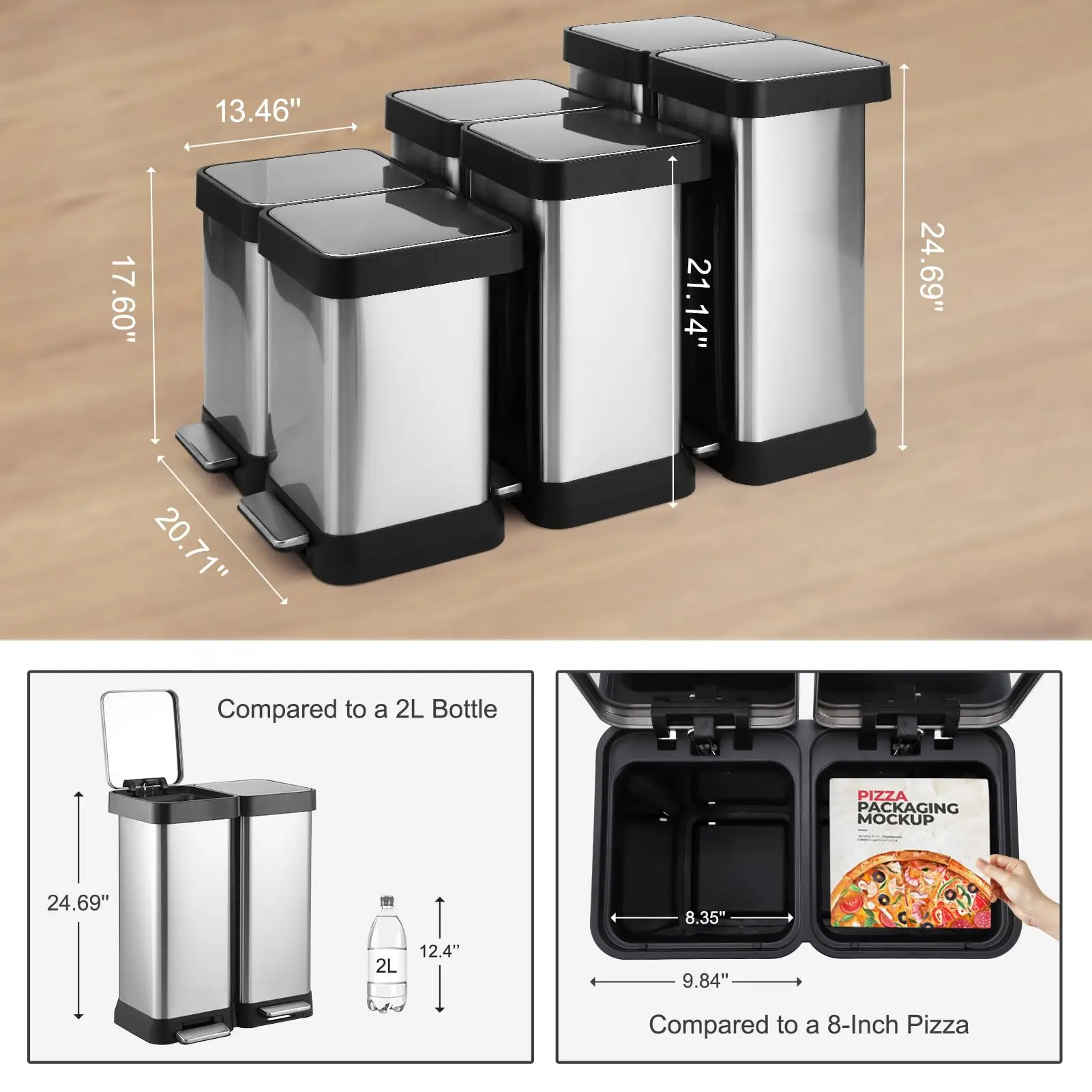 Kitchen Trash Can 2 Compartments, Trash Can With Lid, 2x25L Soft close Pedal Bin Made Of Stainless Steel, With Pedals