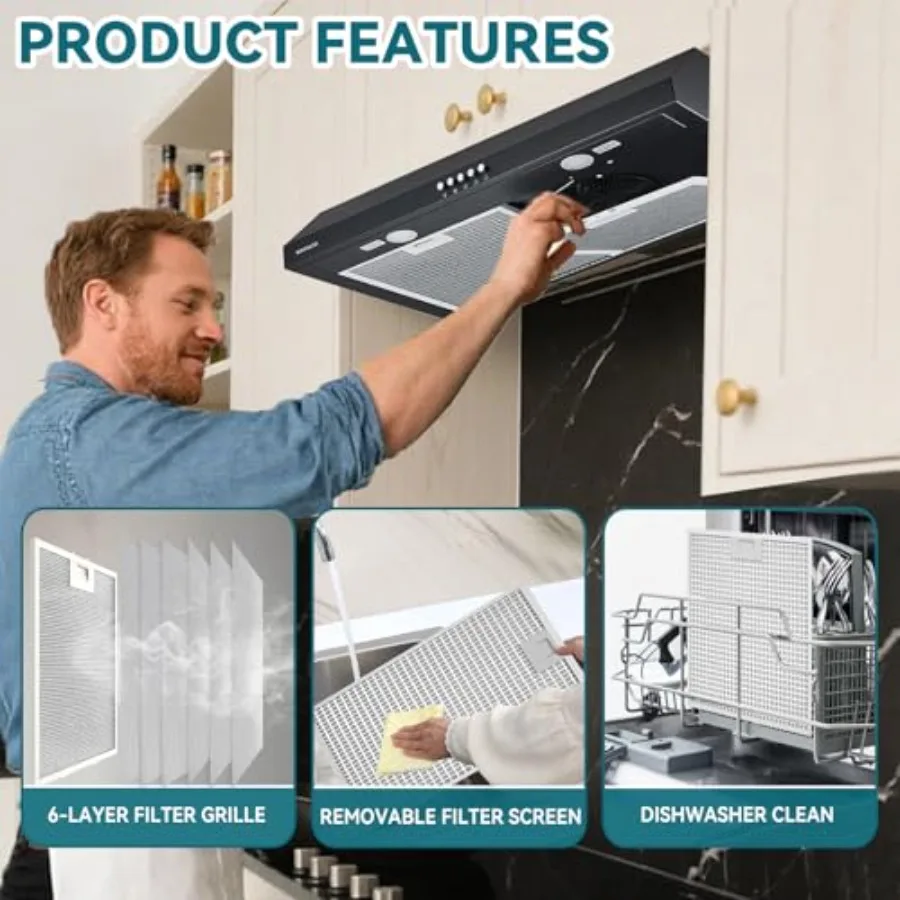 شفاط المطبخ 30 بوصة تحت الخزانة القابلة للتحويل بدون أنابيب مع 550CFM 3 سرعات التحكم باللمس 2 أضواء LED 6 طبقة S #5