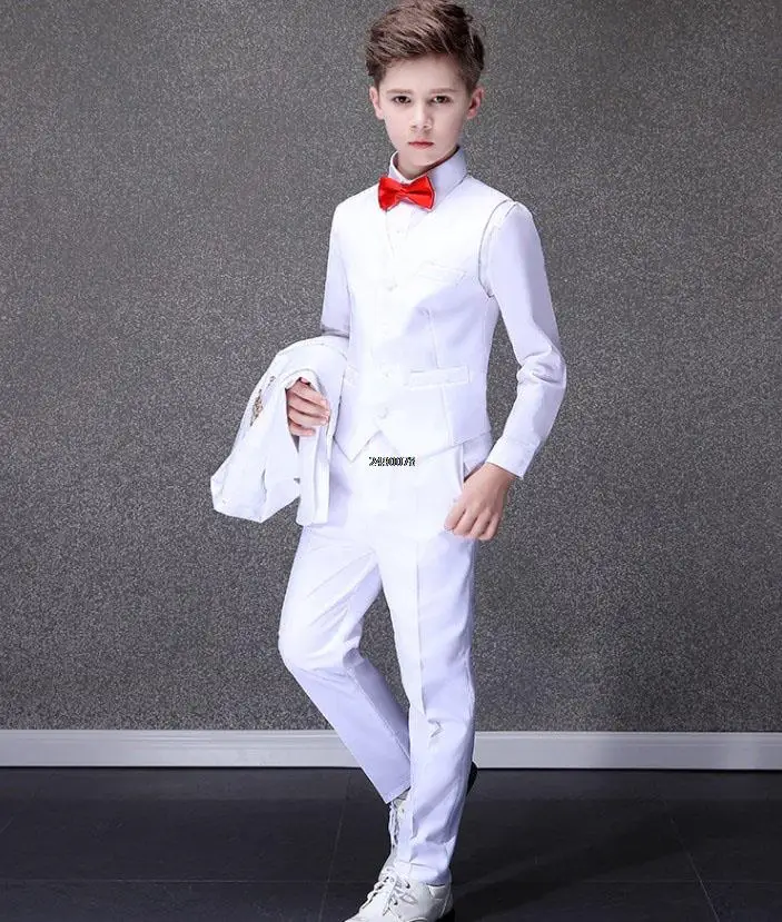 Flower Boys White Baptism Suit Kid Wedding Party Photograph Set Teenager Birthday Tuxedo Dress Children Graduation Stage Costume