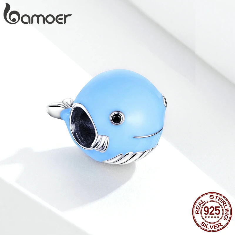 bamoer Real 925 Sterling Silver Blue Enamel Whale Beads Protect Ocean Animal Metal Charm fit Original Silver Bracelet BSC250